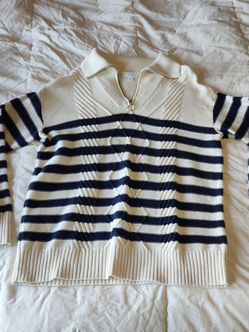 Charter Club Cream and Navy Striped Zip-Collar Sweater